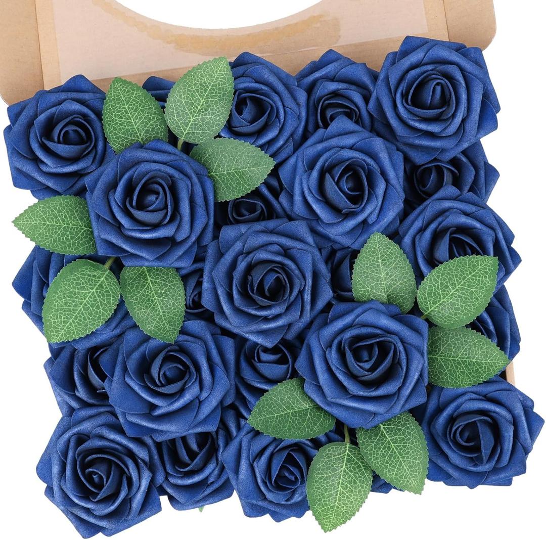 N&T NIETING Artificial Flowers Roses 25Pcs Real Touch Fake Flowers Foam Roses with Stems Perfect for DIY Wedding Bridesmaid Bridal Bouquets Centerpieces Party Home Baby Shower Decoration, Navy Blue