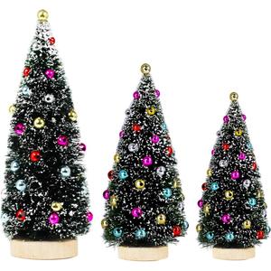 Winlyn 3 Pack Artificial Mini Tabletop Christmas Trees Tiny Frosted Bottle Brush Trees Decorated Small Sisal Trees with White Snow and Colorful Beads Winter Holiday Miniature Dcor Assorted Sizes