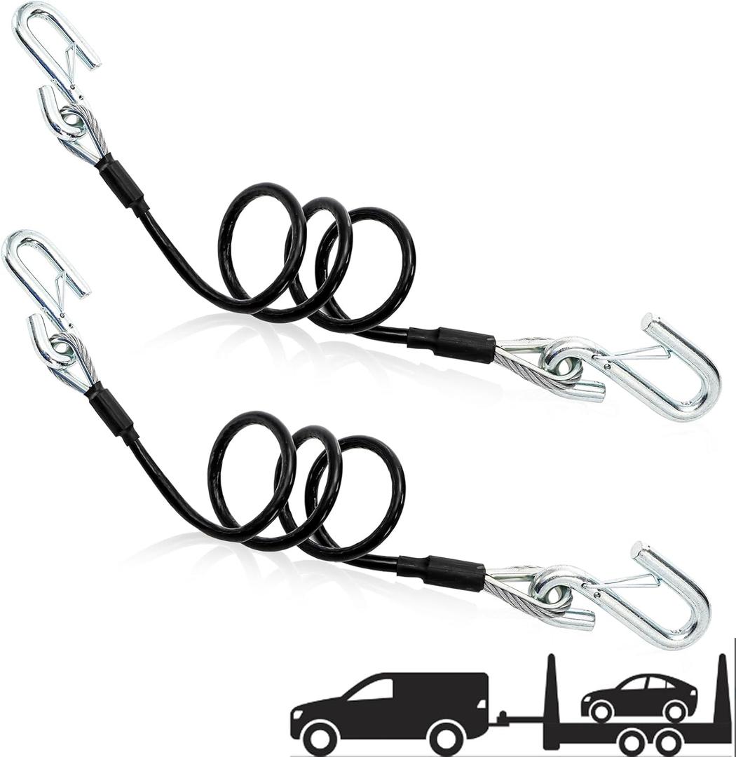 2 Packs 44-1/2'' Trailer Safety Cables, Vinyl-Coated Coiled Towing Chain, 7/16'' Snap Hooks with Latch for Boat, 5,000 lbs Break Strength