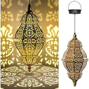 Twinkya Hanging Solar Lights Outdoor Garden Decor, Decorative Waterproof Plastic Moroccan Solar Lantern Lamp, Outside Decorations for Patio Yard Porch Backyard Decor, Gardening Gifts for Women Mom (1pack, Brown Gold)