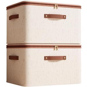 2-Pack Storage Bins with Lids, 56L Fabric Storage Boxes with Handles, Breathable Cotton Linen Clothes organizing Box for Wardrobe, Closet (XX large 49 * 37 * 31cm)