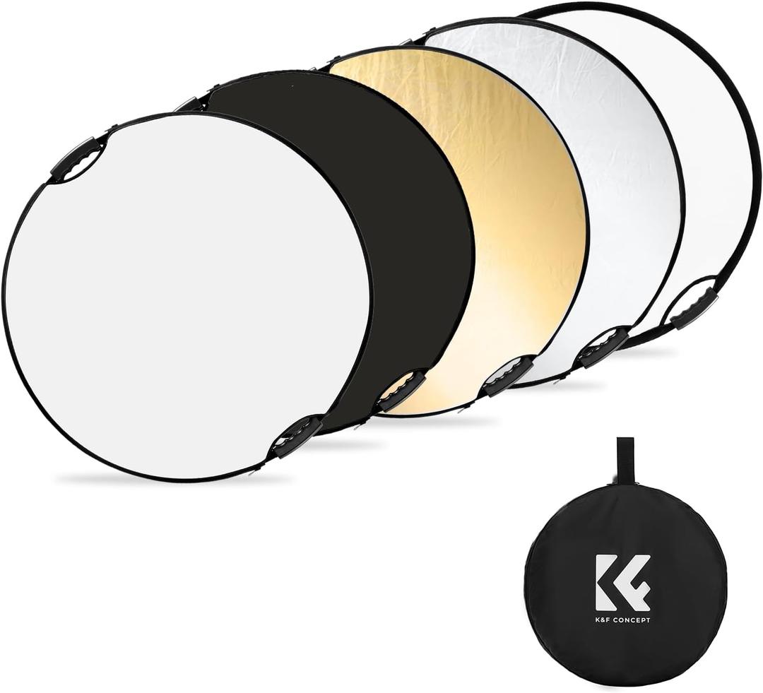 K&F CONCEPT Light Reflector with Grips, 43"(110cm) 5-in-1 Photography Diffuser Collapsible Portable with Grips for Studio and Outdoor Lighting Gold Silver White Black Translucent