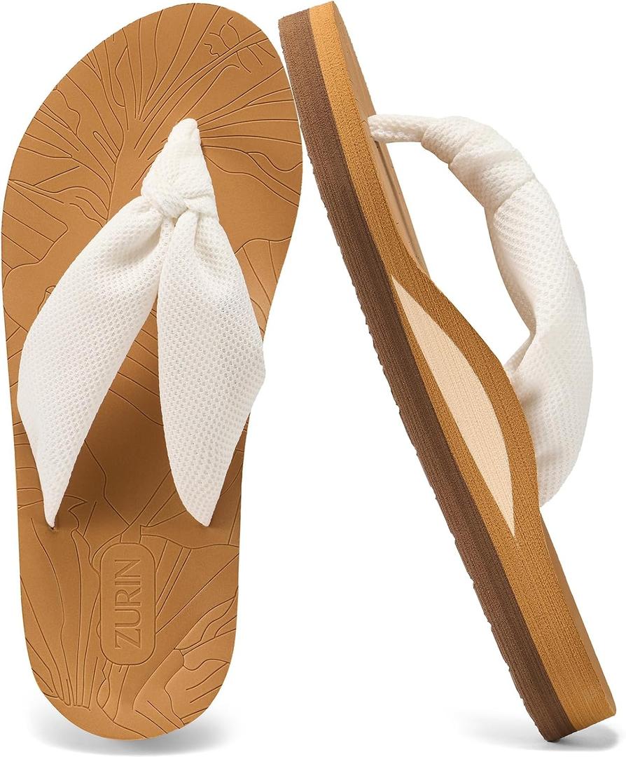 ZURIN Flip Flops for Women with Arch Support, Women Flip Flops Sandals with Yoga Mat Cushion, Summer Beach Walking Thong Sandals Slides Indoor Outdoor Travel (Beige, S)