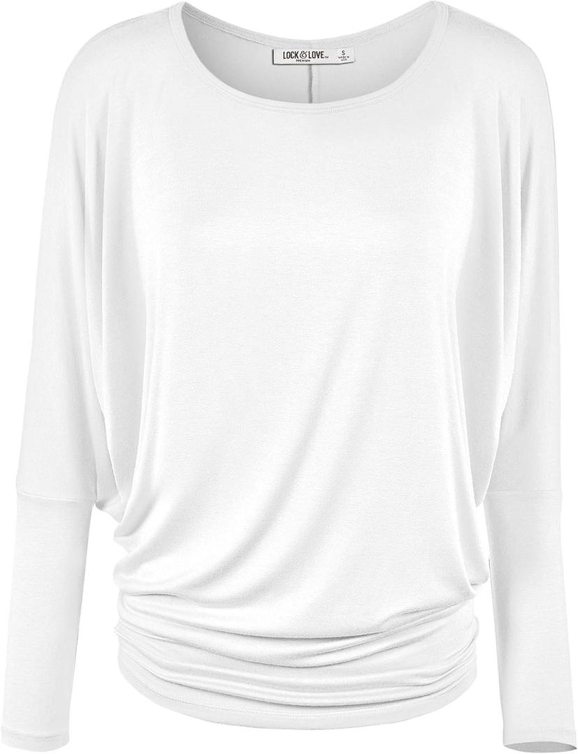 Lock and Love Women's Casual Flowy Draped Long Sleeve Batwing Dolman Top  Soft & Comfortable Loose Fit Pullover (Large, Wt826_white)