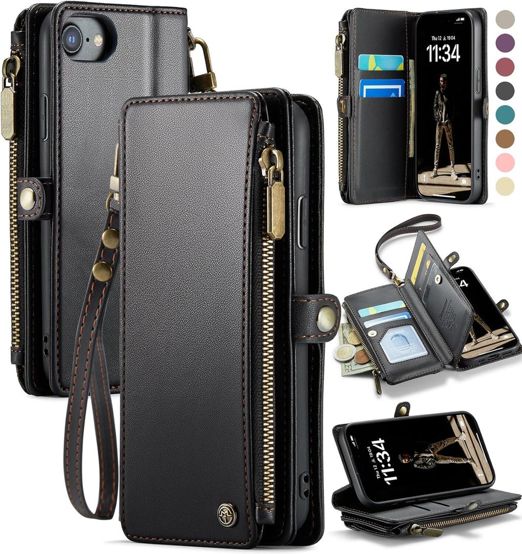 Defencase Compatible with iPhone SE 2020 2022 Case Wallet with RFID Blocking Card Holder for Women Men, Soft PU Leather Magnetic Snap Flip Zipper Strap Wallet Phone Case Fit for iPhone SE/7/8, Black