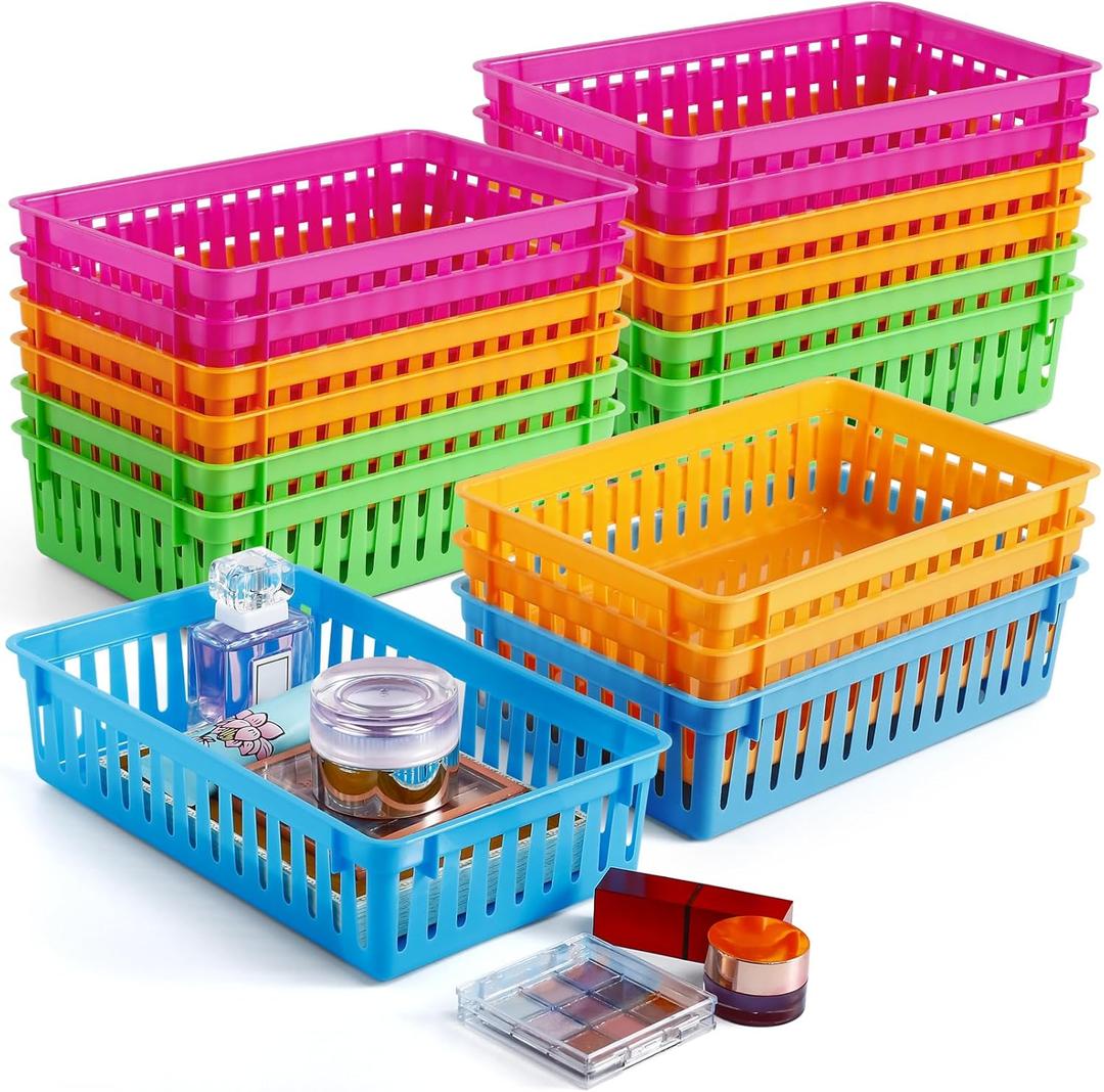 16 Pack Classroom Storage Baskets, Small Plastic Organizer Basket, Colorful Storage Trays for Organizing, Pencil Containers Baskets for Home School Office Desk Shelf, 10.2"L x 6.5"W x 2.4"H