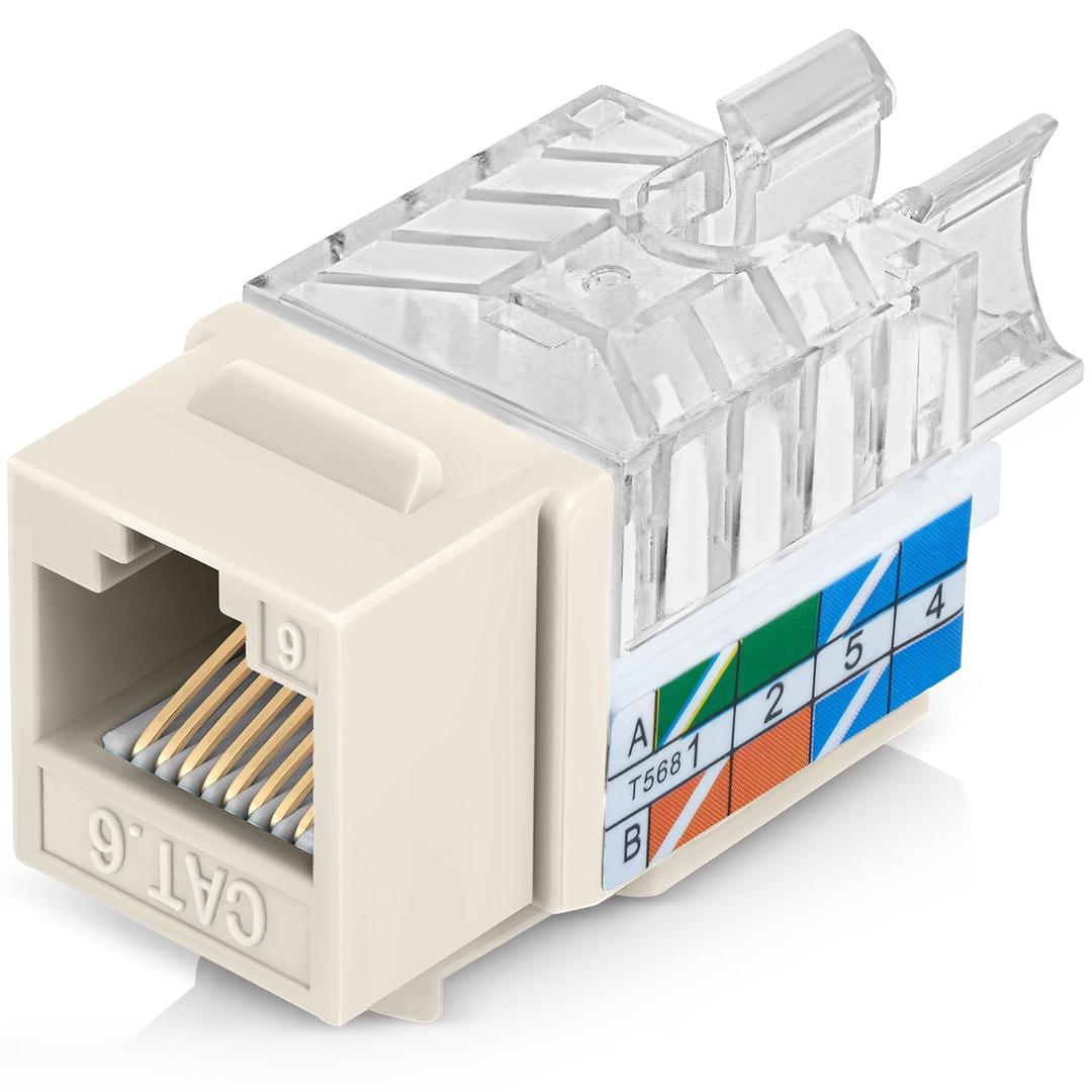 Everest 45 Angled RJ45 Cat6 Keystone Jacks 10-Pack in Light Almond - Slim Profile Female RJ45 Connectors - Cat 6 Keystone Jack - Compatible with 45 Angled Speed Termination Tool - 45Term