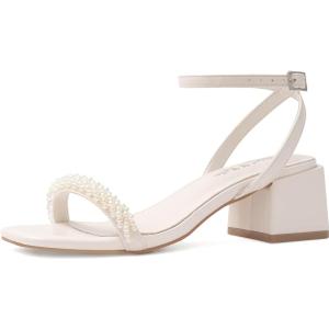 Shoe'N Tale White Heels for Women Low Chunky Block Heel Square Open Toe Heeled Sandals Size 10 Cream White