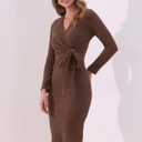 Allegra K Women's 2024 Fall Winter Long Sleeve Tie Waist Bodycon Knit Wrap Sweater Dress (Brown, XS)