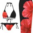 ZAFUL Womens 3pcs Swimsuit Floral Halter Triangle Bikini Top Tie Side Bottom with Long Sheer Cover Up Skirt (Medium, 2-black)