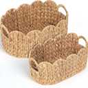 iEGrow Scalloped Wicker Basket, Set of 2 Hand-Woven Natural Rattan Baskets with Built-in Handles, Water Hyacinth Storage Oval Cute Baby Baskets for Nursery, Organizing, Decor and Shelves