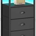 Sthmec Nightstand with Charging Station,LED Black Nightstand with 3 Fabric Drawers PU Finish, Bedside End Tables, 2-Tier Open Storage Shelf Side Table Nightstand with Drawers for Bedroom,Black, 15.4''W * 11.6''D* 28.6''H