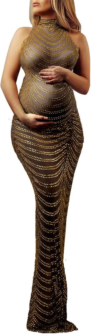 Dedysler Maternity Photography Gown Sleeveless Sexy Shiny Rhinestone Photoshoot Dress for Baby Shower (Brown, XXL)