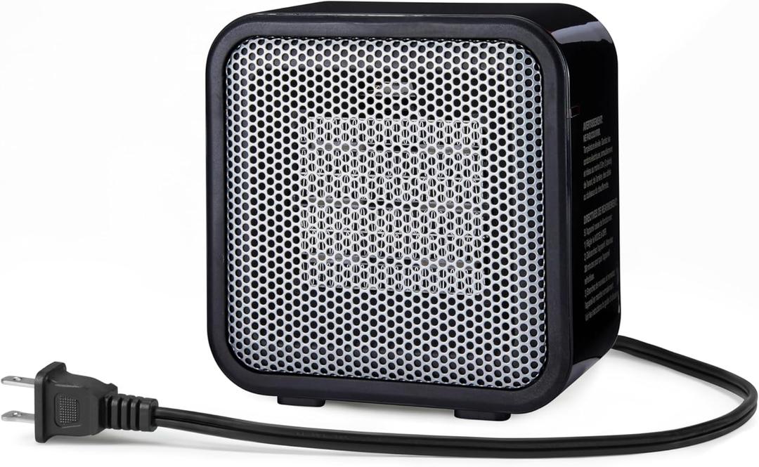Amazon Basics Ceramic Portable Mini Space Heater for Office Desk, Indoor Use, Fast Heating, Energy Efficient, 500W, With Tip-Over Protection, Lightweight 1.4 lbs, Black, 5.87"D x 3.15"W x 5.95"H