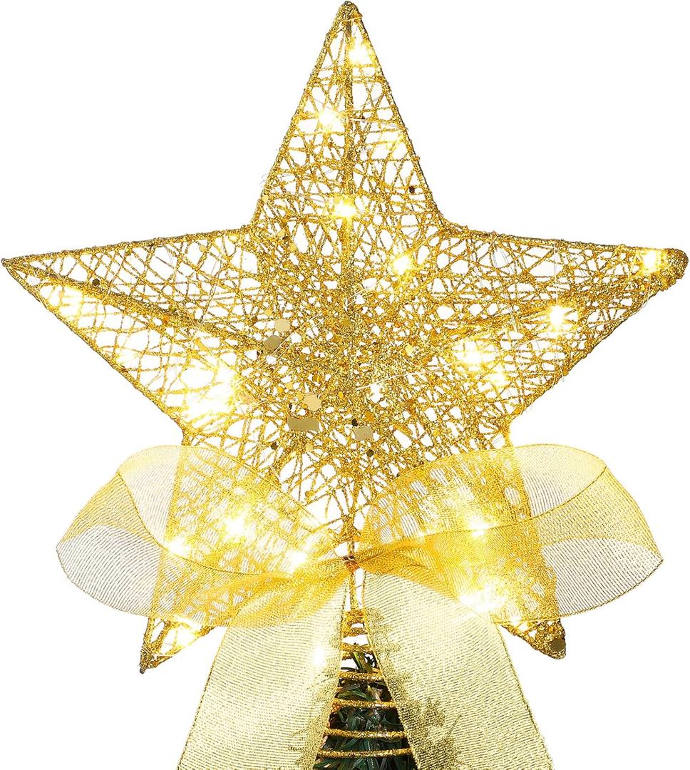 Sumind 9.8 x 11.8 Inch Christmas Star Tree Topper Glittered Star Metal Plug in Treetop Ornaments with Bow and 30 LED String Light for Christmas Tree Indoor Holiday Party Decoration(Gold)