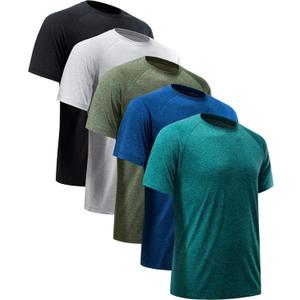 Workout Shirts for Men Short Sleeve Quick Dry Athletic Gym Active T Shirt Moisture Wicking (X-Large, 5 Pack Black, Dark Blue, Army Green, Light Grey, Hydro Teal)