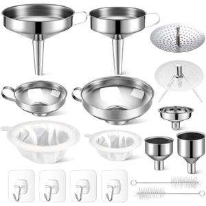 Baderke 17 pcs Stainless Steel Funnel Set Wide Mouth Canning Funnels Metal Mason Jar Funnel with Strainer Kitchen Funnels for Filling Mason Jars Mesh Filter Brushes and Adhesive Hooks, Silver