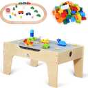 Kid's Multi-Purpose Activity Play Table with 60 Big Building Bricks and 30-Piece Wooden Train Set for Toddlers(Big-peg Baseplate Version)
