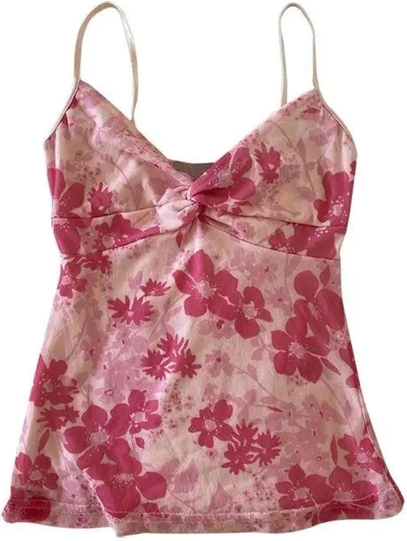 Emo Coquette Cropped Top Grunge 2000s Spaghetti Strap Tops Streetwear Vintage Camisole Y2k Cheetah Tops (Hot Pink Flower, Medium)