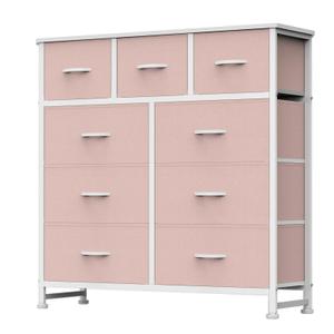 OLIXIS 9 Drawer Storage Dresser with Wood Top - Wide Fabric Chest Organizer for Bedroom, Closet, Living Room, Tower Cabinet, TV Stand, Hallway Entryway Furniture, Pink