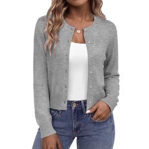 Zeagoo Cardigan Sweaters for Women Crewneck Cropped Shrug Long Sleeve Button Down Summer Cardigan Light Gray, Size S