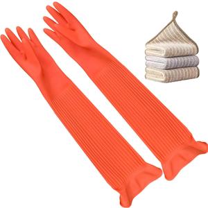 3 Pairs Household Extra Long Kitchen Gloves for Washing Dishes20.05inches Rubber Cleaning GlovesReusable Latex Living Wash GlovesLong Sleeves(Medium, Red)