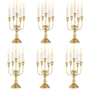 Sziqiqi Candelabra Candle Holder Gold Set of 6-5-arm Metal Candlestick Holders for Taper Candles for Centerpieces Table Wedding Christmas Fireplace Decor Birthday