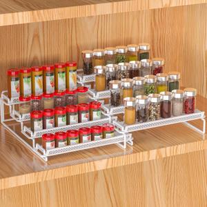 4 Tier Spice Rack Organizer for Inside Cabinet Expandable Display Shelf Seasoning Organizer for Countertop Cupboard Pantry Adjustable Spice Step Storage Holder with Protection Railing (White, 2PC)