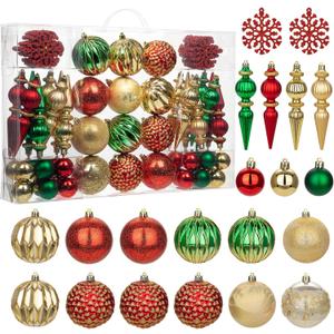92ct Christmas Tree Decoration Set - Shatterproof Christmas Baubles with Strings for Wreath, Garland & Party Decoration, Red-Green