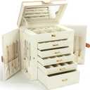 Jewelry Box for Women, 6-Layer Large Jewelry Holder Organizer Box with Mirror & 5 Drawers for Rings, Earrings, Necklaces, Bracelets,White