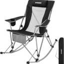 FUNDANGO Rocking Camping Chair, High Mesh Back Portable Folding Camp Chairs with Pillows, Cup Holder and Carry Bag for Lawn Patio Garden Outdoor Supports 300 Lbs (Black/Grey)