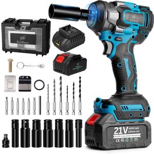 500 N.m Brushless Impact Wrench with Small Wrench, Waist Hook, 7 Sockets, 6 Scredrivers and 6 Drill Bits 3500 RPM Heavy Duty Impact Drill for Cars, RV, Truck,Home Furniture and DIY Projects