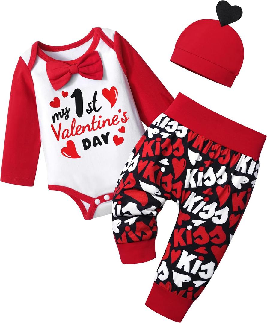 MIGU Baby Boy Valentines Day Outfit Long Sleeve Romper+Pants+Hat My First Valentines Day Baby Boy Outfit 3Pcs Spring Outfit (Red), 3-6 M