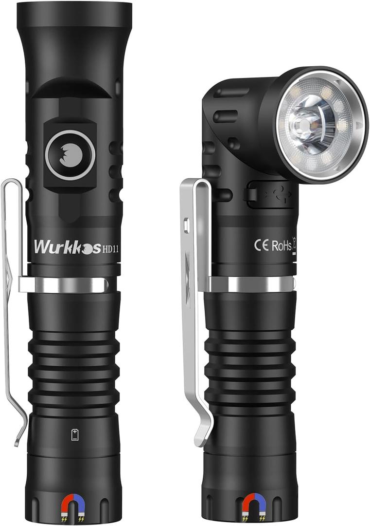 Wurkkos HD11 Right Angle Flashlight with Red Light, 1800 Lumens 90 Degree Spotlight & Floodlight EDC Flashlight, IP68 Waterproof for Working Outdoors (Black) 1 Pack