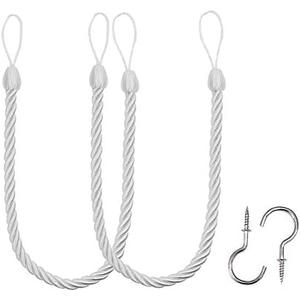 BEL AVENIR Curtain Ropes Tiebacks Tie-Backs, Curtain Handmade Holdbacks with 2 Metal Screw Hooks - White 2 Pack