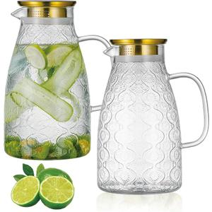 Glass Pitcher with Lid and Handle, 2 PACK 68 oz/2 Liter Vintage Flower Design Fridge Water Pitcher, Borosilicate Glass Water Carafe for Hot/Cold Water,Coffee,Iced Sun Tea,Heat Resistant