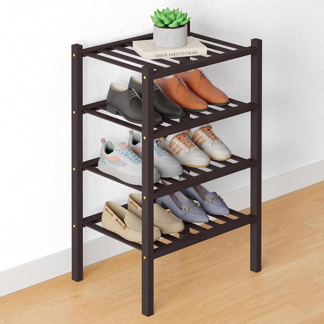 Smiry Bamboo Shoe Rack for Closet, 4 Tier Small Wooden Shoe Organizer, Stackable Wood Shoe Storage Shelf for Entryway, 14 Vertical Slats, 2+2 Stack Heavy-Duty Legs, 17.32"x11.02"x25.98", Brown