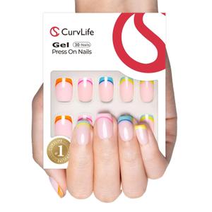Curvlife Press on Nails Gel Fake Nails with Rainbow-French Design Full Cover False Nails for Women Reusable Nail Kit with Nail Glue Adhesive Tabs Nail File (0.1 Fl Oz (Pack of 1))