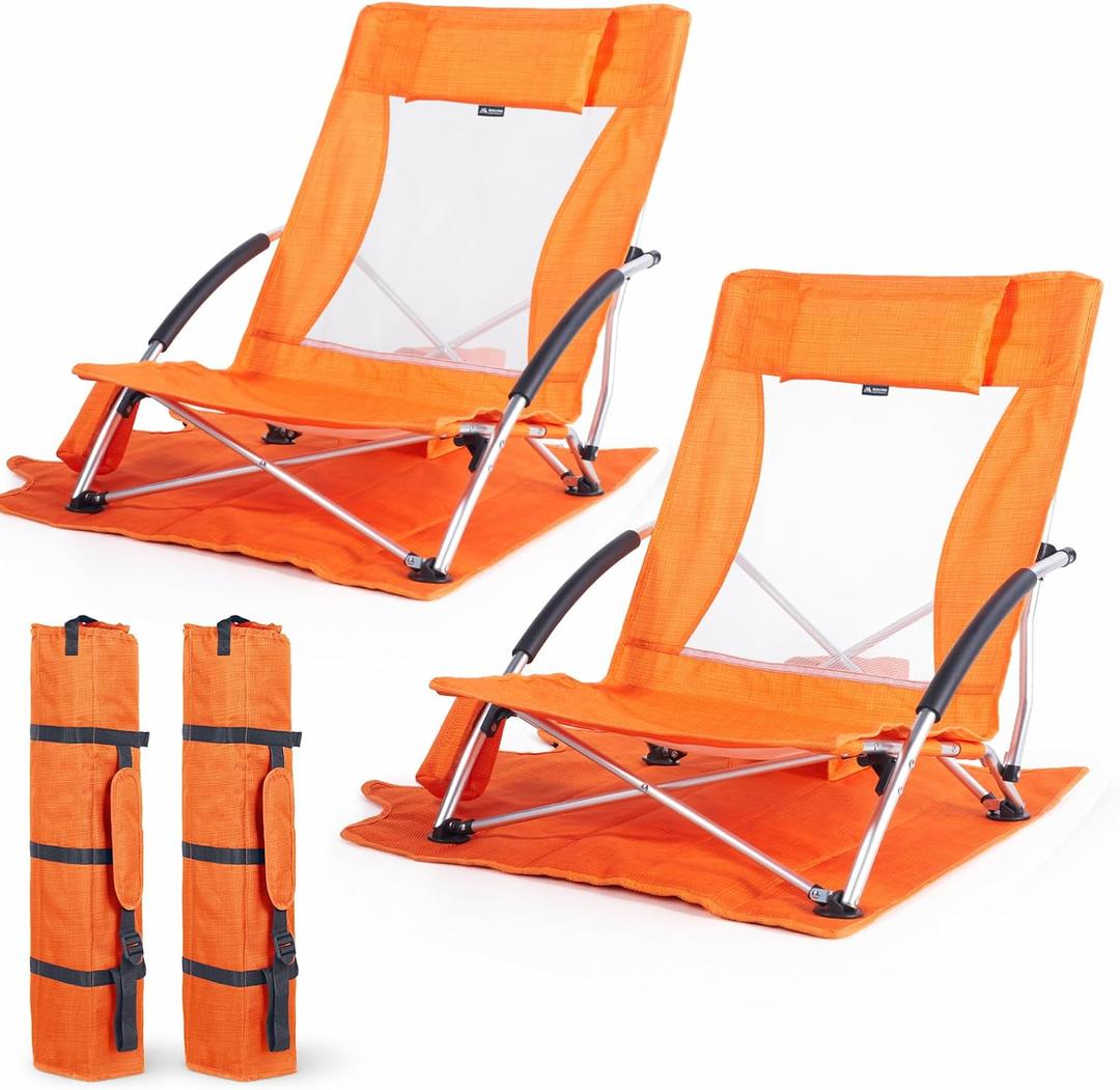 Huskfirm Low Beach Chairs 2 Pack Lightweight Beach Chairs for Adults Orange | Folding Aluminum Backpack Beach Chair with Cup Holder & Carry Bag, Heavy Duty Beach Chair Set for Beach, Camping, Concerts