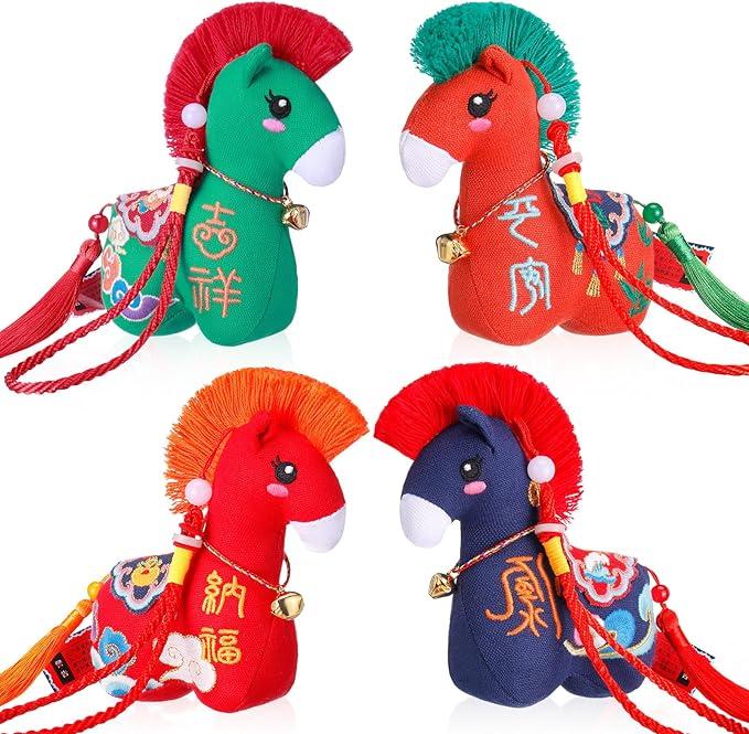 Skylety 4 Pack Year of the Horse Decorations 2026 Chinese New Year Horse Plush Chinese Zodiac Hanging Stuffed Animals Ornaments Cute Lunar New Years Gifts for Car, Home Decor(Red, Orange, Blue, Green)