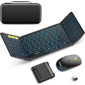 Samsers Foldable Keyboard and Mouse, Folding Bluetooth Keyboard Mouse Combo with Backlight, 2.4G + BT5.0 x 2, Full-Size Travel Keyboard & Portable Wireless Mouse for Windows/Android/iOS/Mac OS, Black (Elegant Black - Backlit)