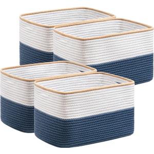 UBBCARE 4 Pack Baskets for Organizing, Woven Storage Baskets for Toys and Towel, Rectangle Cotton Rope Basket with Handles, 15''L x10''W x9''H, Navy Blue