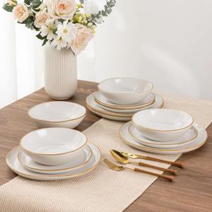 AmorArc Ceramic Dinnerware Sets,Handmade Reactive Glaze Stoneware Plates and Bowls Set,Highly Chip and Crack Resistant Dishware | Dishwasher & Microwave Safe Dishes Set,Service for 4(12Pcs) (White)
