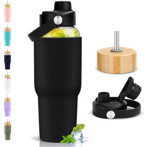 PROBTTL 40 oz Glass Tumbler with Handle  Sports Clear Borosilicate Glass Water Bottle with Straw, Silicone Sleeve, 2 Lids  Handle Spout & Bamboo Straw Lid, Fits Car Cup Holder, Leakproof (Black)