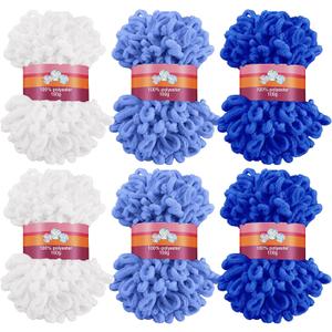 Threlaco 6 Pack Finger Loops Yarn Bulk Soft Chunky Yarn 600 G/ 6 Skeins for Mothers Day Beginners Knitting No Needles or Hooks(White, Light Blue, Dark Blue)