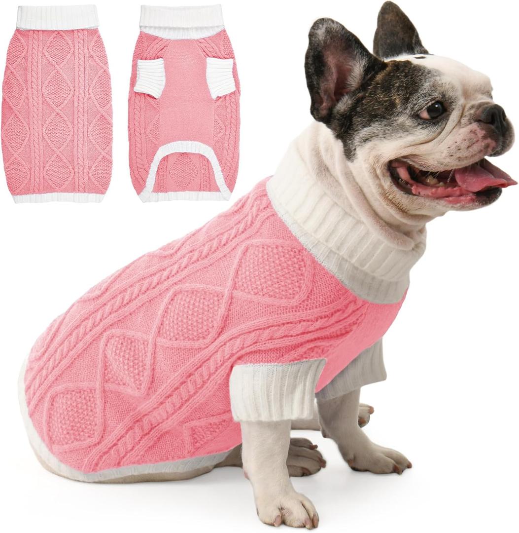 Dog Sweater for Medium Dogs Argyle Cable Knit Turtleneck Pullover Winter Clothes for Boys Girls Stretch French Bulldog Dachshund Corgi Pug Beagle Christmas Pet (M, Pink)