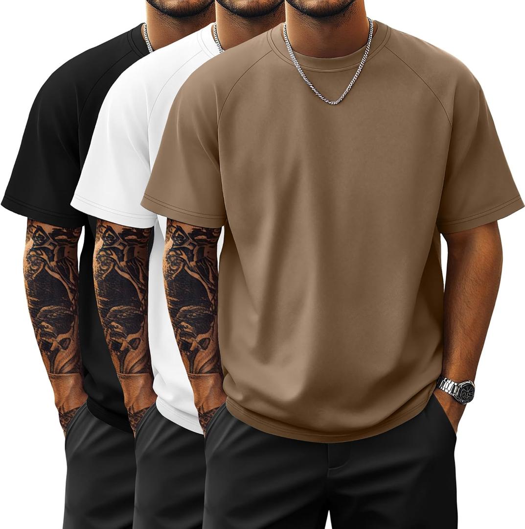 Ficerd 3 Pack Men's Big and Tall Raglan Short Sleeve T-Shirts, Side Split Summer Crewneck Lightweight Soft Basic Tees Shirts (Black, White, Brown)