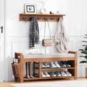 PETKABOO 39.4" Shoe Bench with Coat Rack Hidden Drawer and Side Holder, 2 Tier Entryway Bench with Storage, Bamboo Shoe Rack with Cushion for Entryway Hallway Living Room Bedroom, 39.4 in with Hook