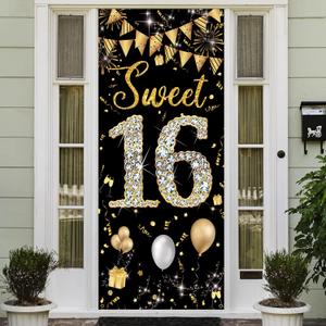 Sweet 16 Birthday Decorations Door Banner, Black Gold Happy Sweet 16 Birthday Decorations for Girls Boys, Sweet Sixteen Party Decorations, Door Cover Sign Decoration Backdrop, 6.1ft x 3ft Fabric PHXEY