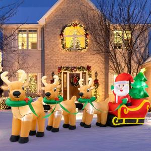 Sizonjoy Outdoor Christmas Inflatables Decorations,13 FT Lighted Christmas Inflatables Santa Claus on Sleigh with 3 Reindeer & Christmas Tree for Indoor Outdoor Home Holiday Yard Decorations